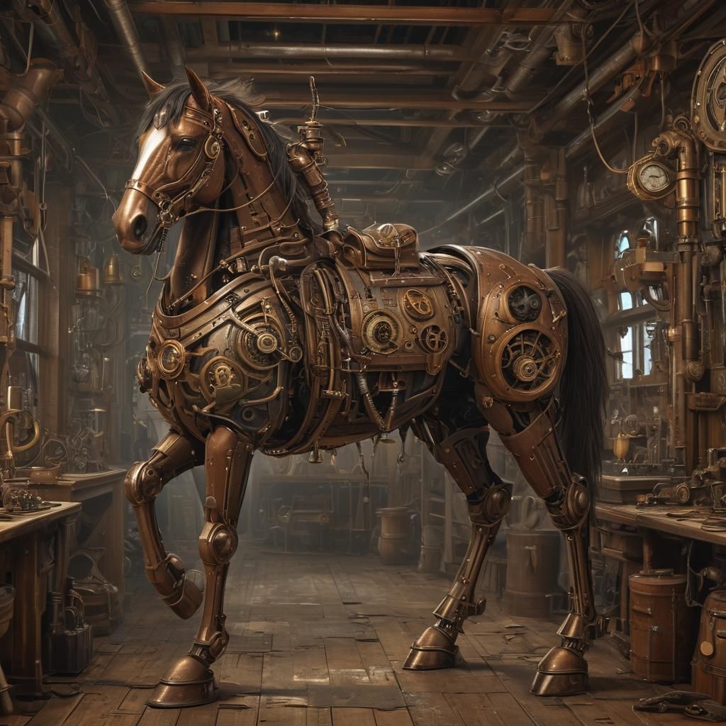 Steampunk Artificer Repairs Clockwork Horse