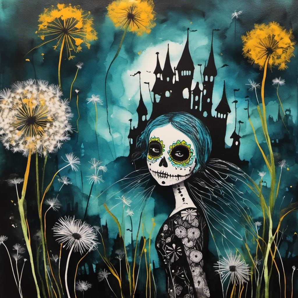 Sugar Skull Catrina with Dandelion Castle