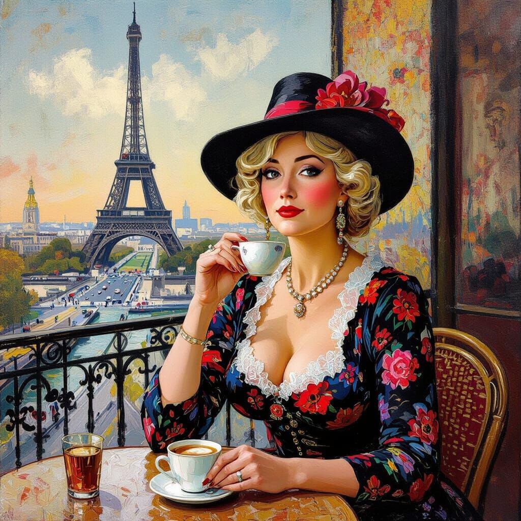 Elegant Woman in Paris Cafe with Eiffel Tower View