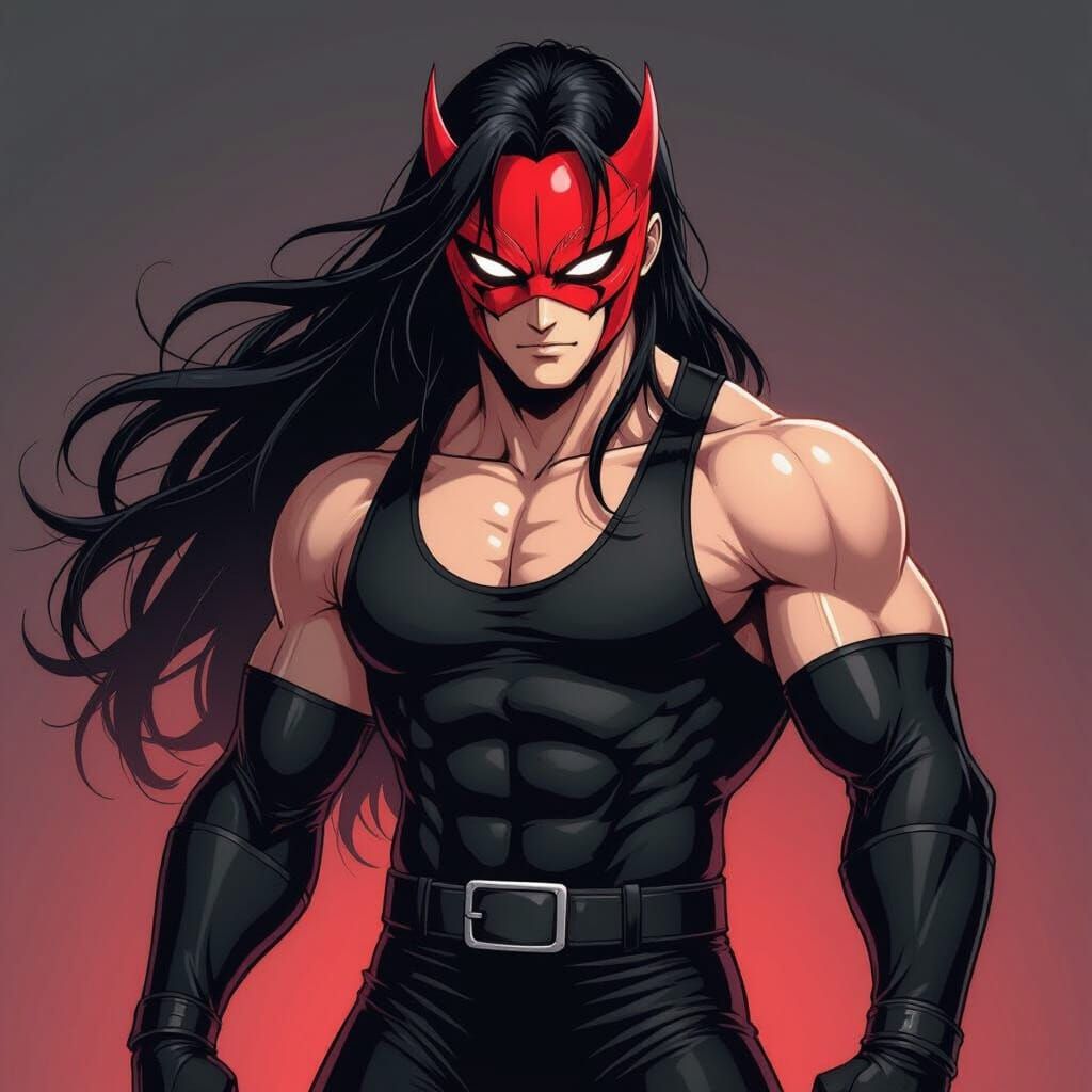 Anime Wrestler in Black Gear with Red Mask, Bold Lines, Vibr...