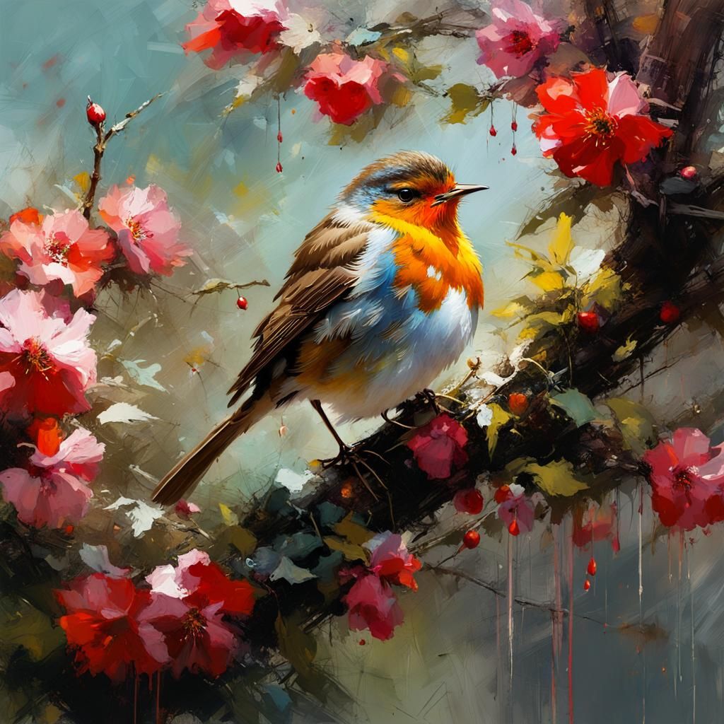 Robin on Apple Blossom Tree: Detailed Matte Painting