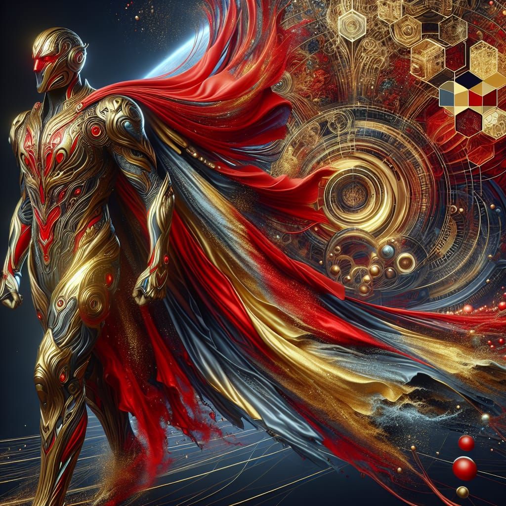 futuristic Superman in gold and silver armor with red and gold cape