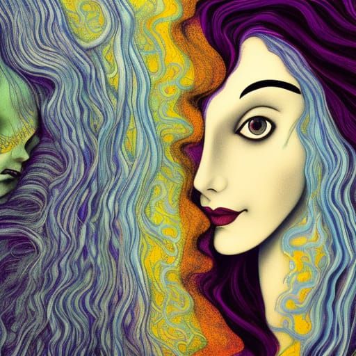 Ethereal Silver-Haired Lady: Gothic Art Nouveau Portrait