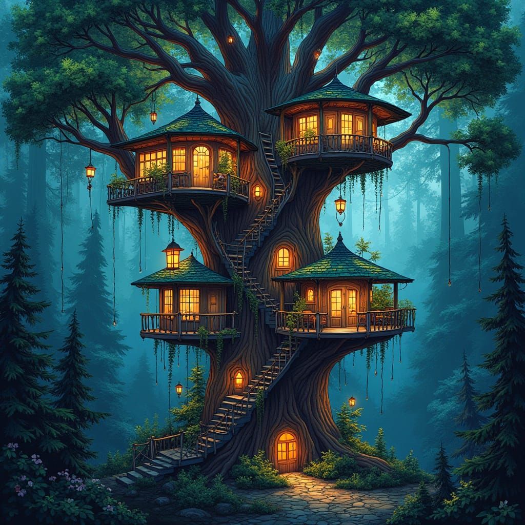 Colossal Treehouse Village in Stained Glass Style