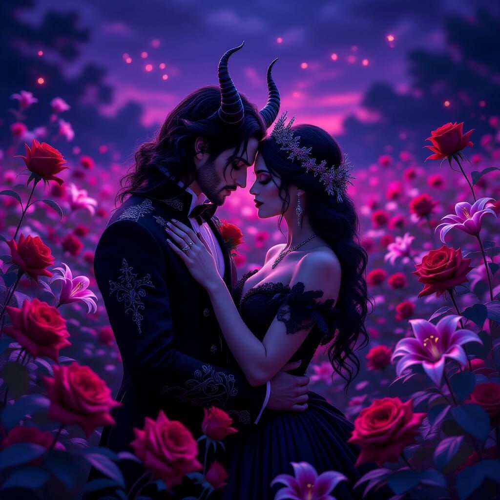 Demonic Couple Embracing in Surreal Gothic Flower Field