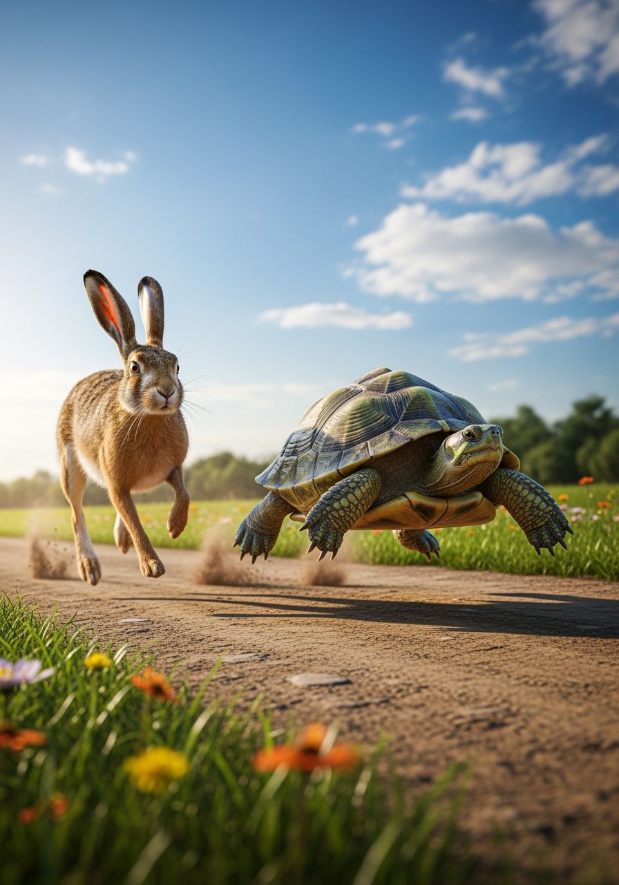 Hare and Turtle Race in Golden Sunlight