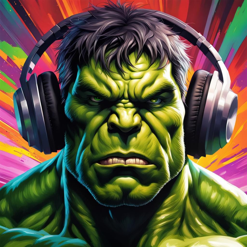 Hyperrealistic Hulk Radio DJ in Splash Art Style