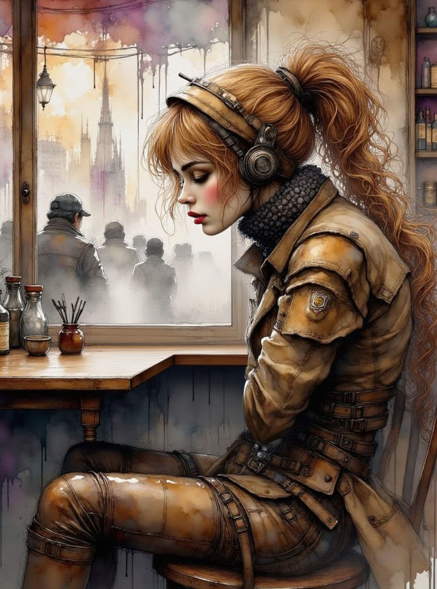 Lamia Android Enjoys Coffee in Busy Shop, Airbrush Art