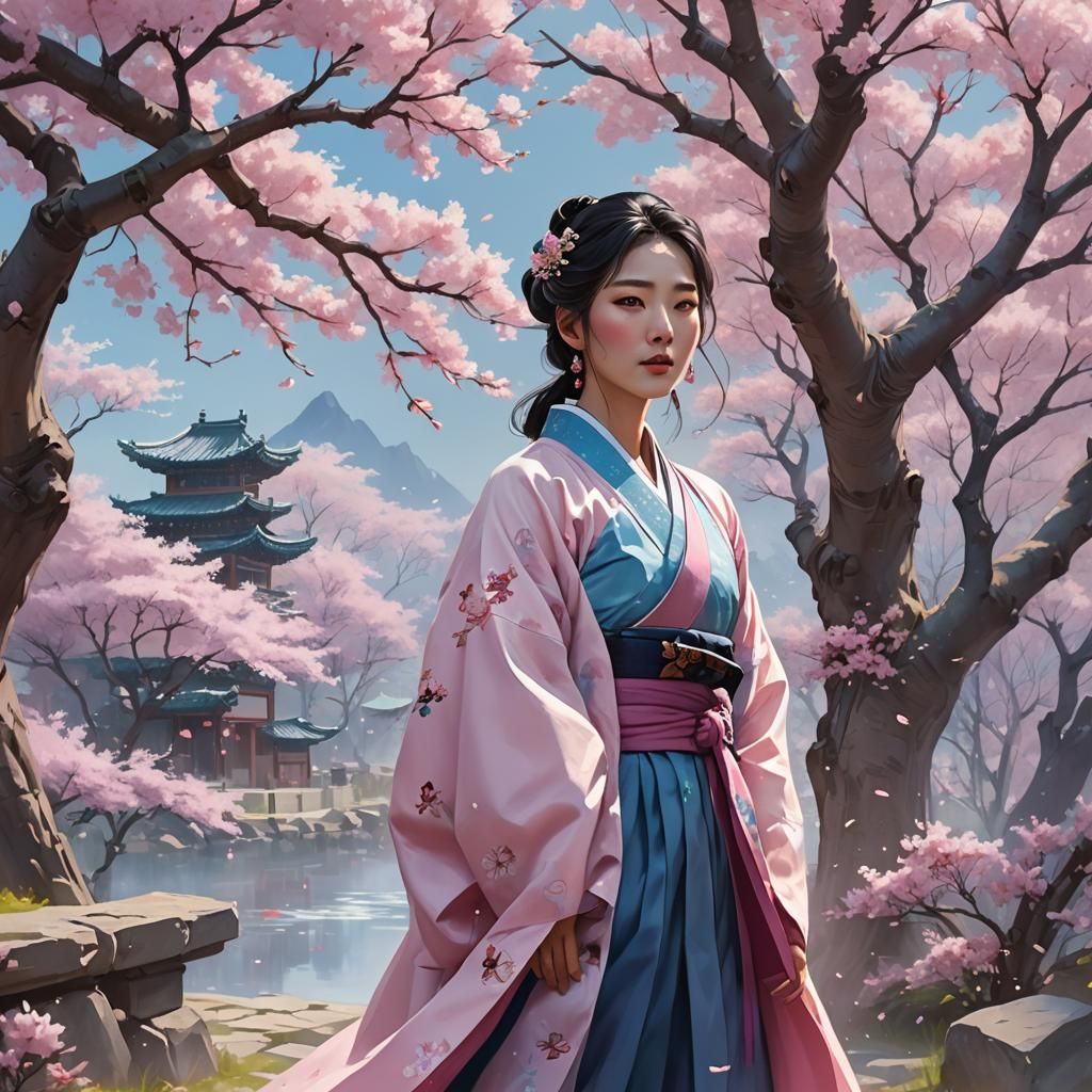 Korean Girl Zainab Under Cherry Blossoms in Hanbok