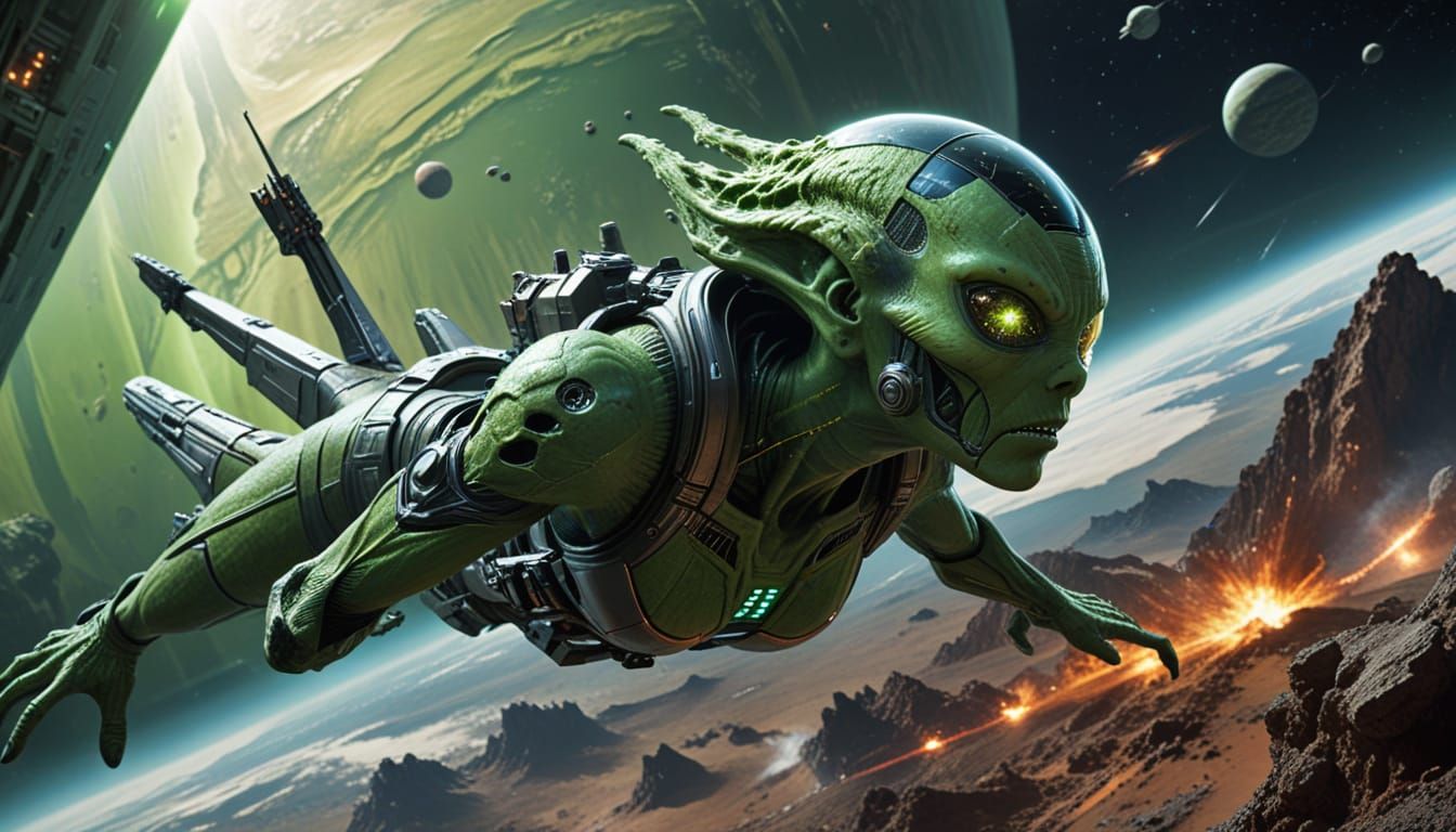 Alien Goddess Soars Over Exoplanet in Cyberpunk Spacecraft