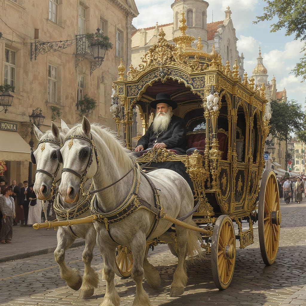Rebbe of Sanz Rides Ornate Carriage Through European Town