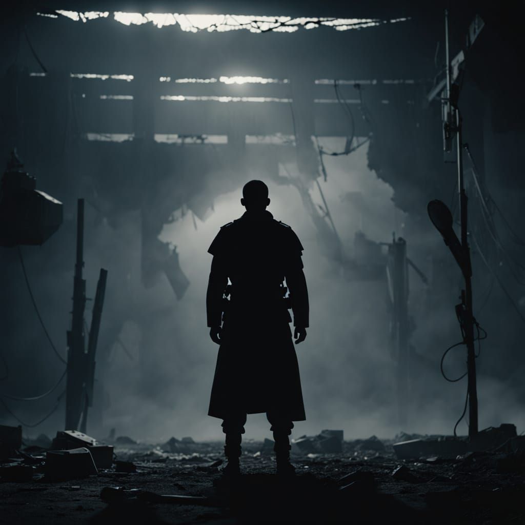 Lone Figure in Silent Aftermath, Minimalist Military Art