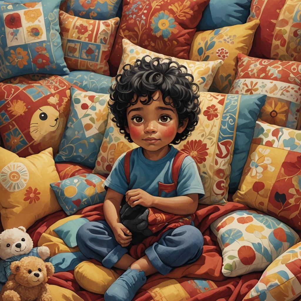 Whimsical Boy with Plush Toy, Children's Book Illustration