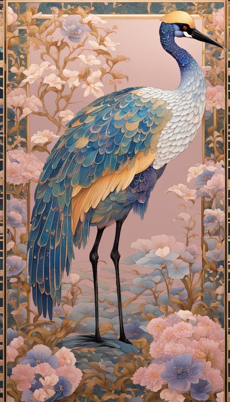 Gustav Klimt-Style Oriental Crane Amidst Lush Garden with Go...