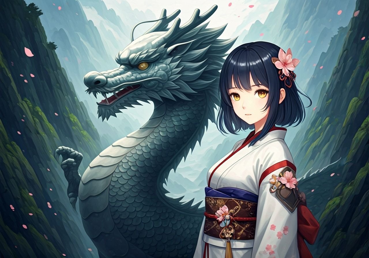 Woman with Dragon Statue in Dreamy Landscape