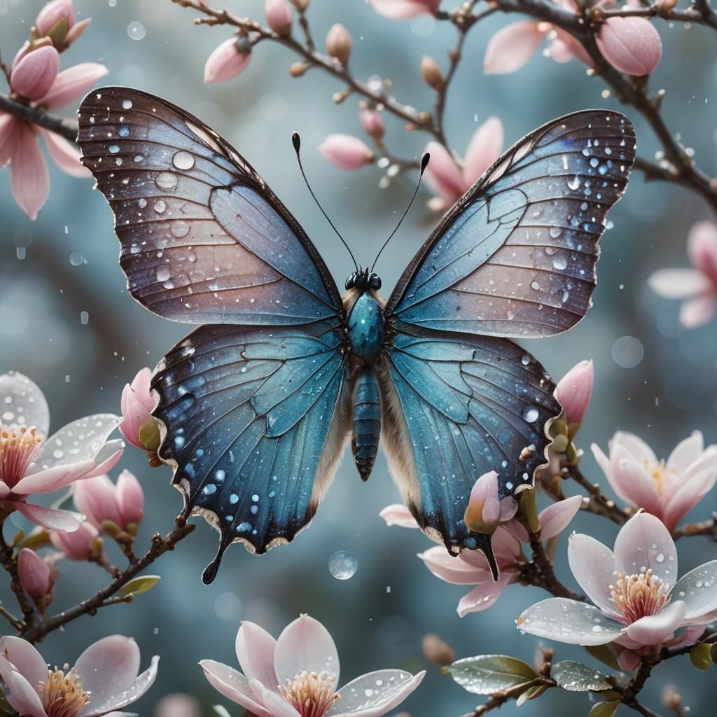 Blue Butterfly in Magnolia Blossom, Art Nouveau