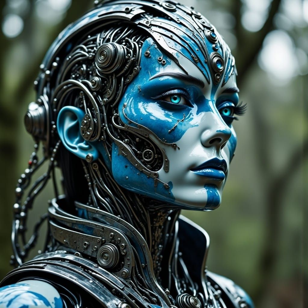 Marbleized Cyborg Samurai Ghost in Forest