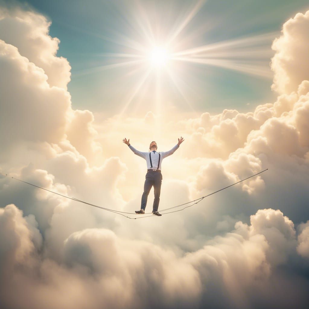 Juggler on Tightrope Above Clouds in Divine Light