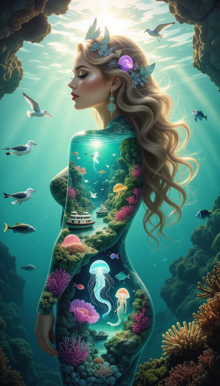 Surreal Transparent Glass Woman with Coral Reef Interior