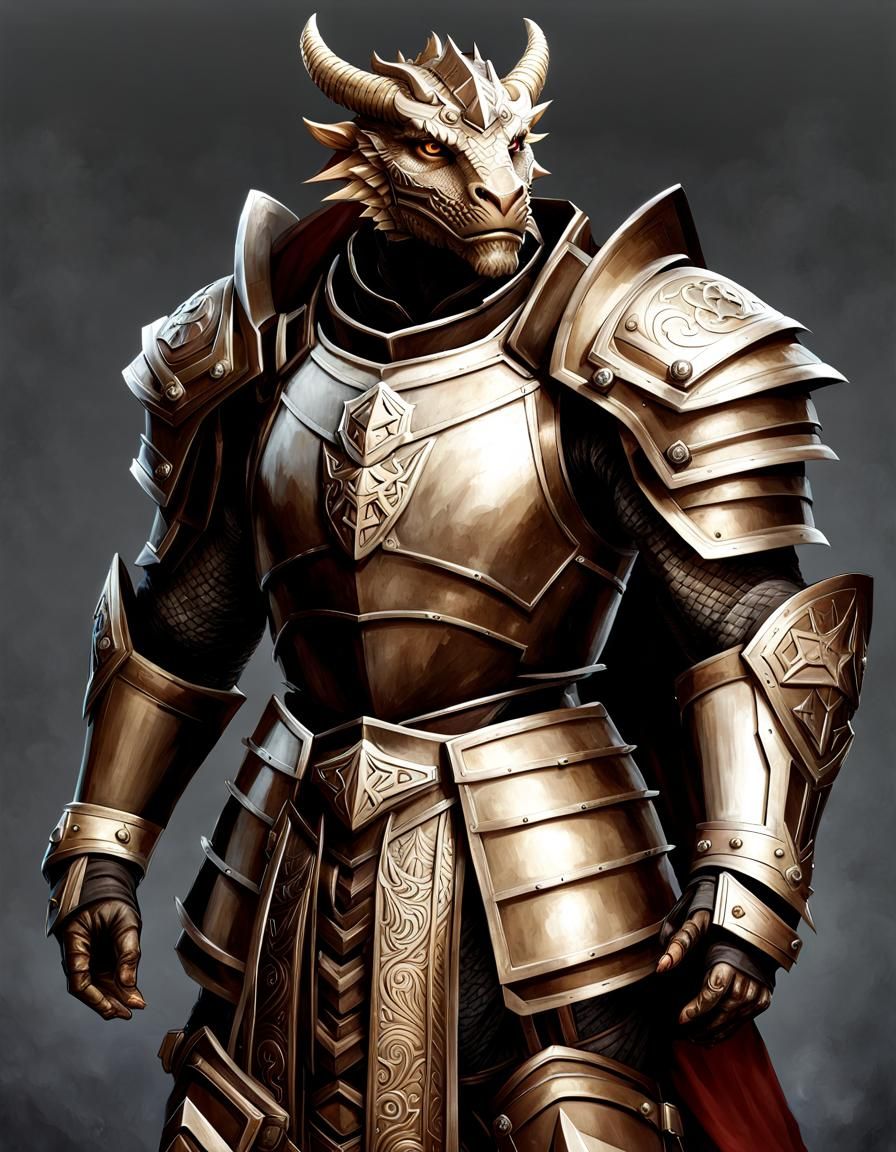 Dragonborn Paladin in Plate Armor, Dark Fantasy Art