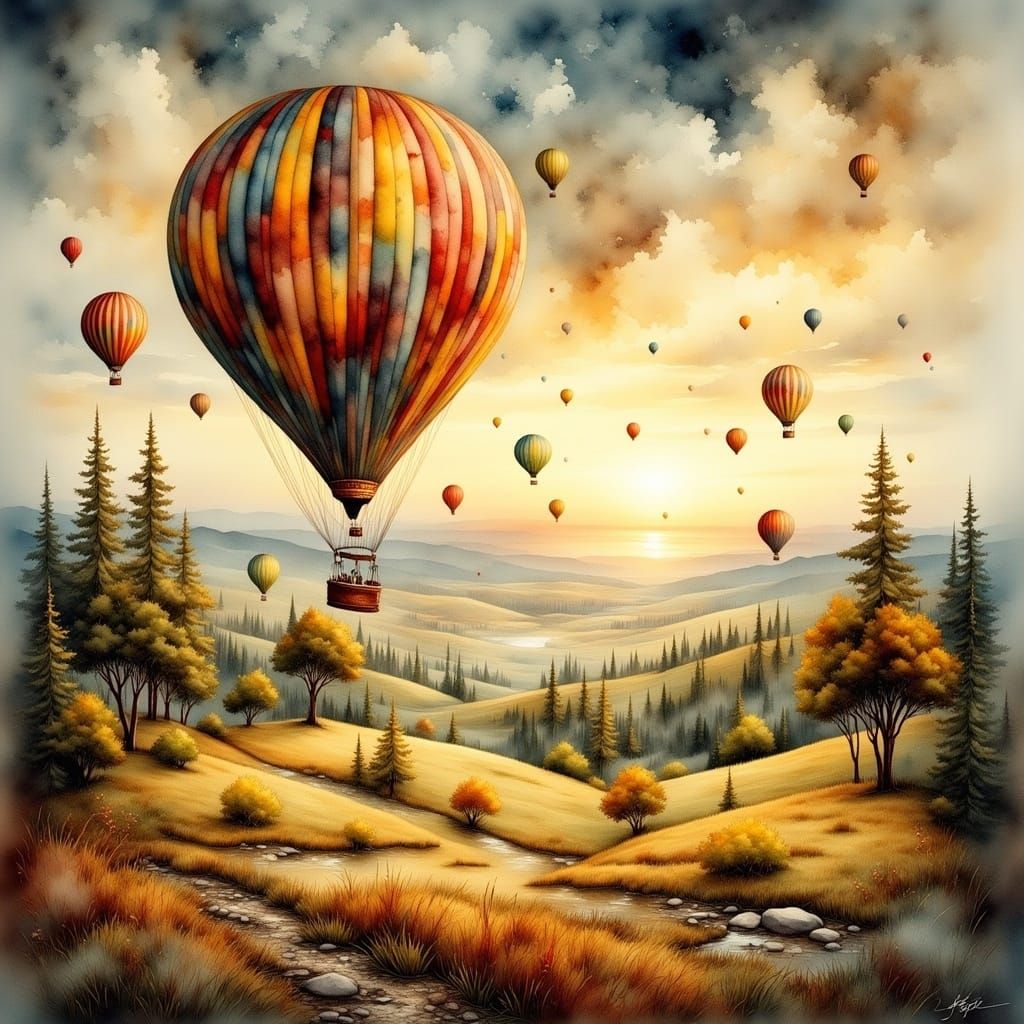 Whimsical Antique Watercolor Hot Air Balloon Landscape