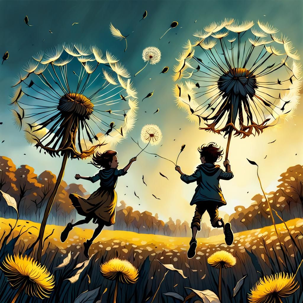 Kids Fly with Dandelion Seeds, Pen and Ink Art