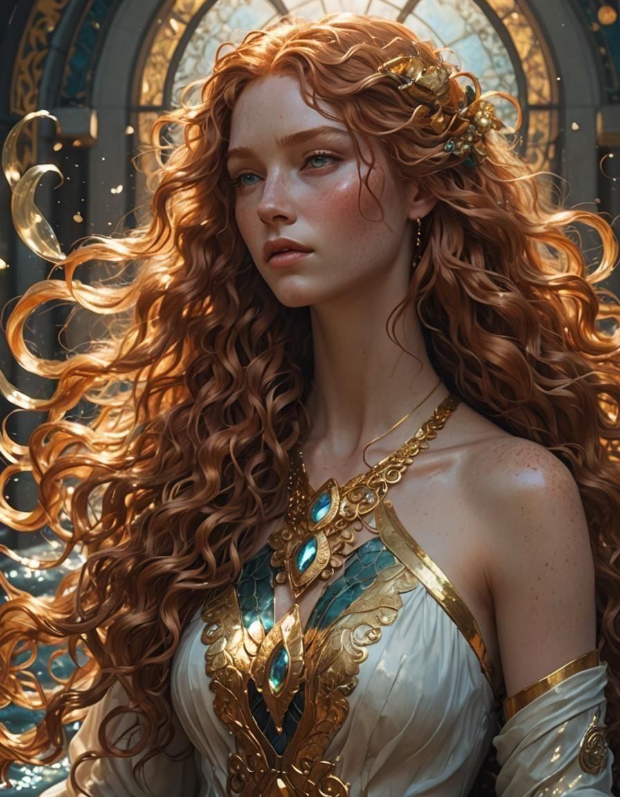 Nereid Portrait with Ginger Hair in Hyperdetailed Style