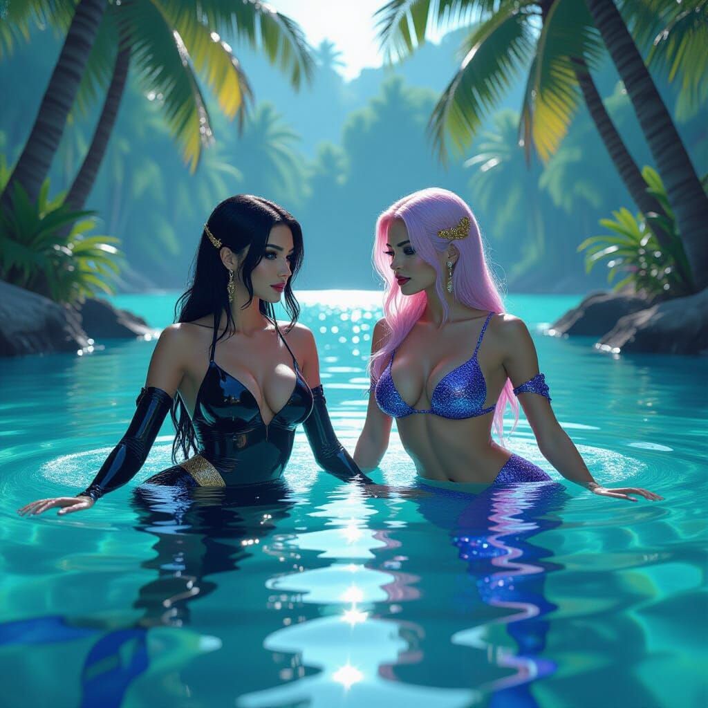 Genderfluid Mermaids in Tropical Lagoon, Futuristic Organic ...
