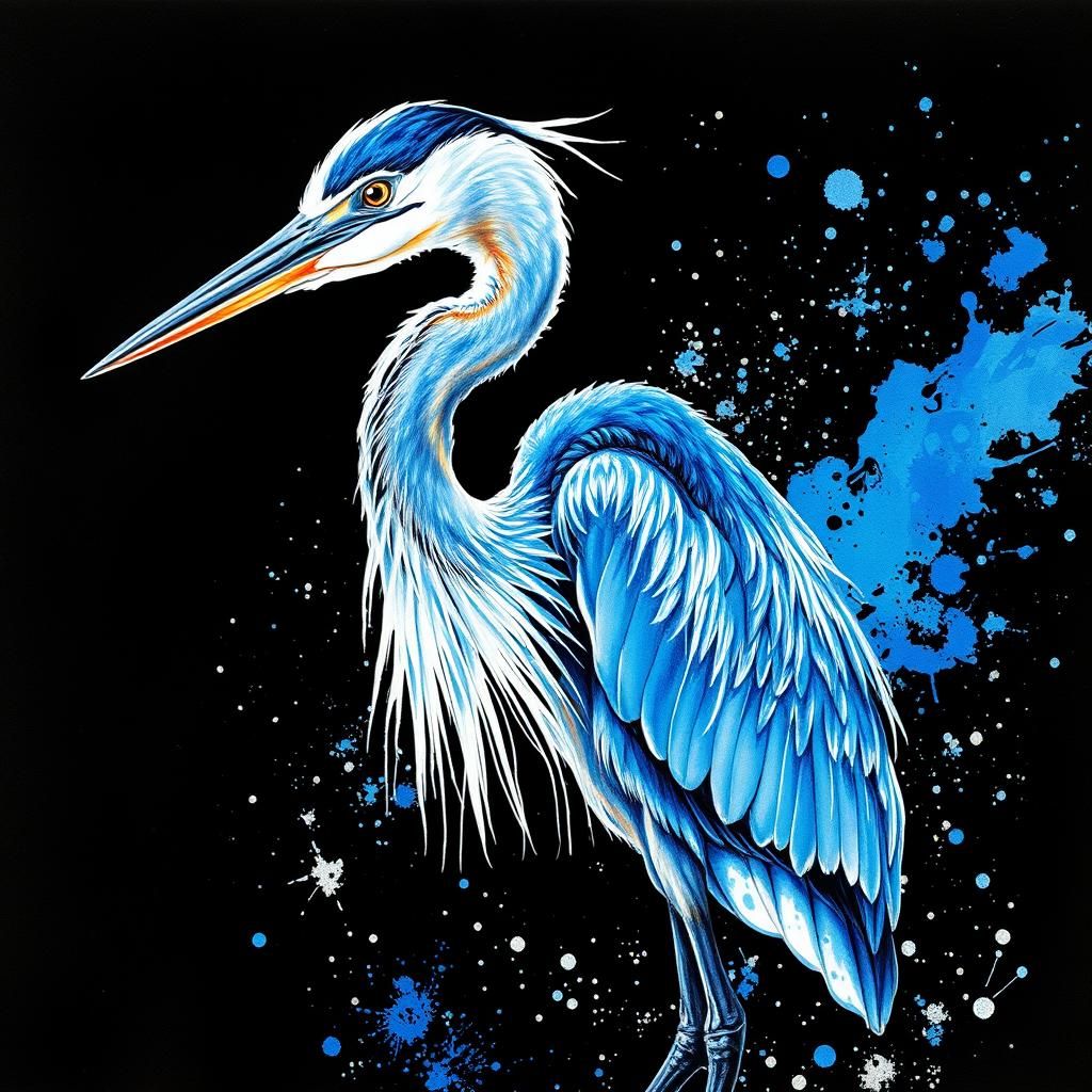Vibrant Blue Heron in Watercolor and Ink