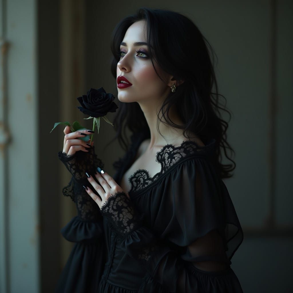 Mysterious Woman in Gothic Gown with Black Rose