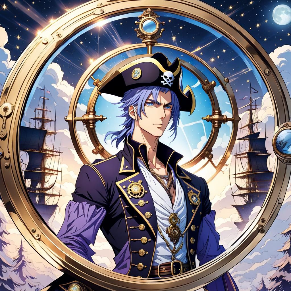 Steampunk Anime Pirate Under Starry Moonlit Sky