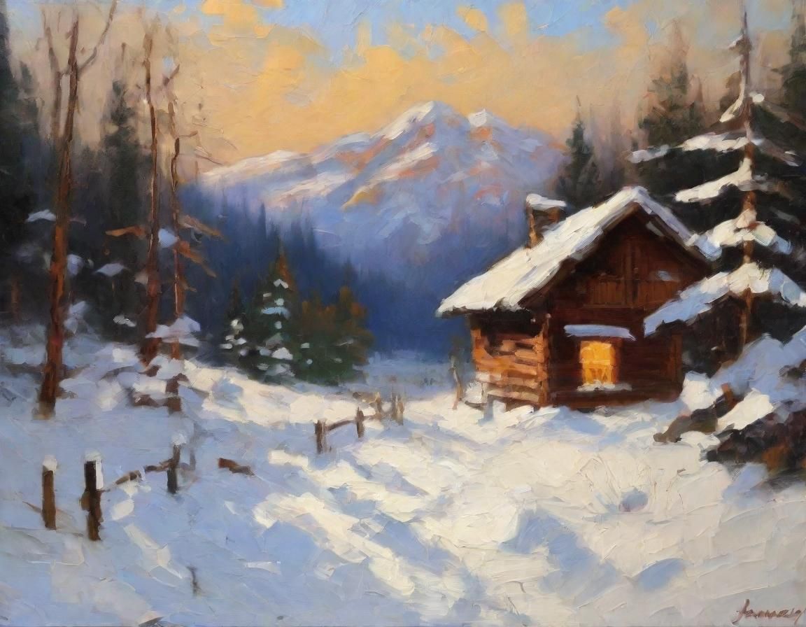 Impressionist Winter Chalet Impasto Oil Painting