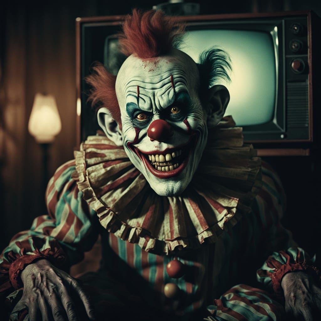 Grotesque Clown Watches a Dirty Movie in a Film Noir Atmosph...
