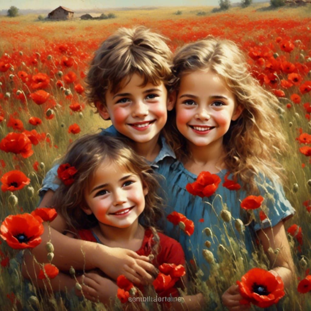 Chalk Art: Happy Children in Poppy Field