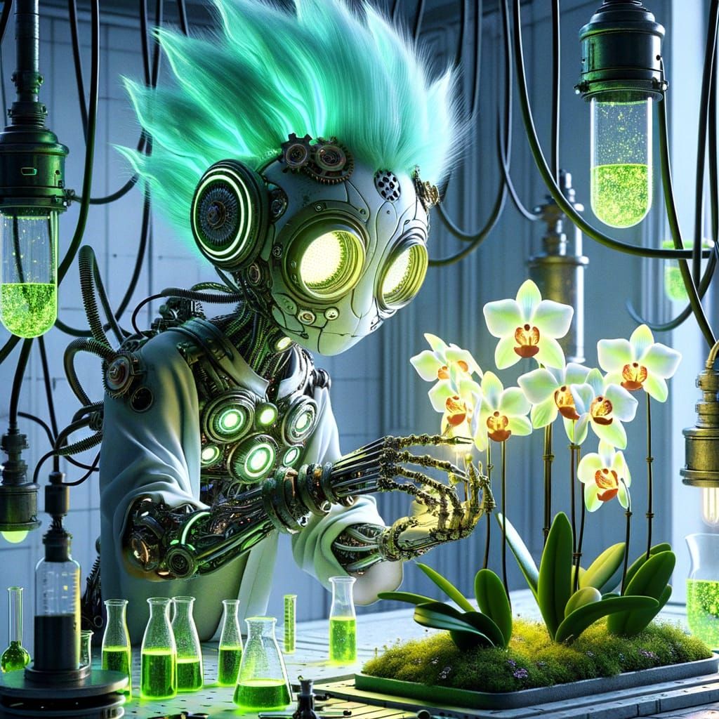 Dieselpunk Golem Tending Bioluminescent Garden