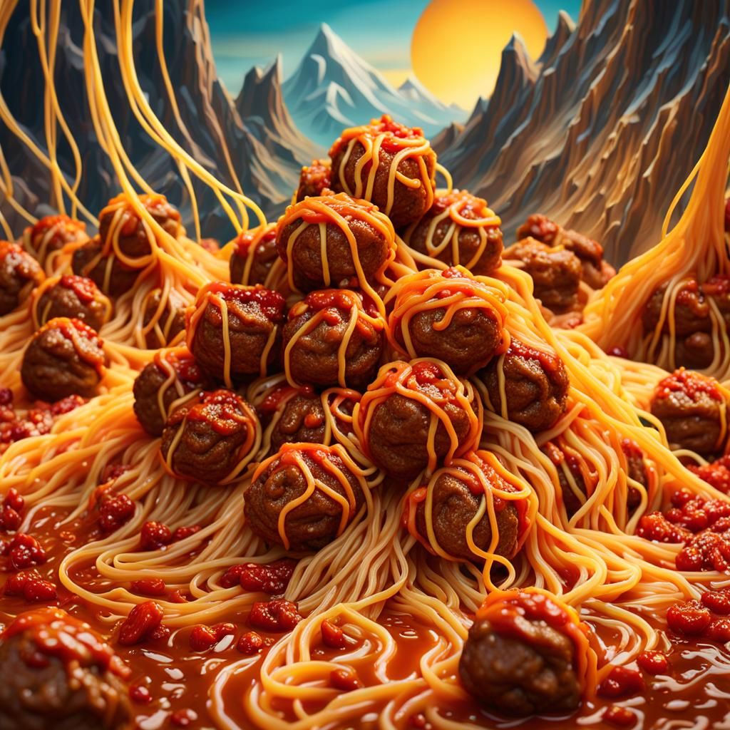 Spaghetti and Meatball Mountain in Surreal Style
