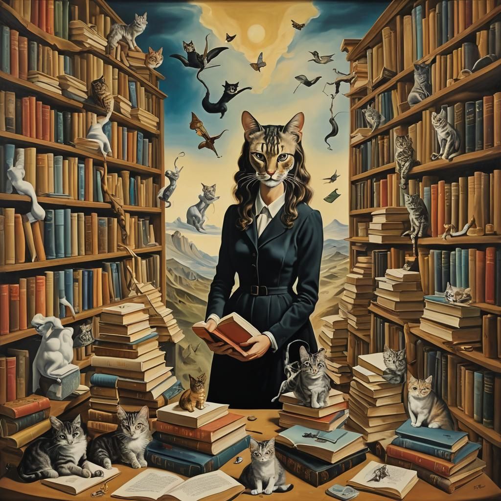 Surrealist Scene: Woman, Cat, and Friends in Oil