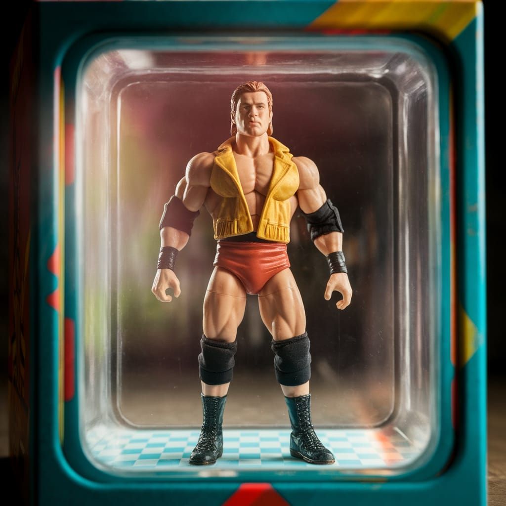 Retro-Style WWE Action Figure Diorama in Vibrant 80s Aesthet...