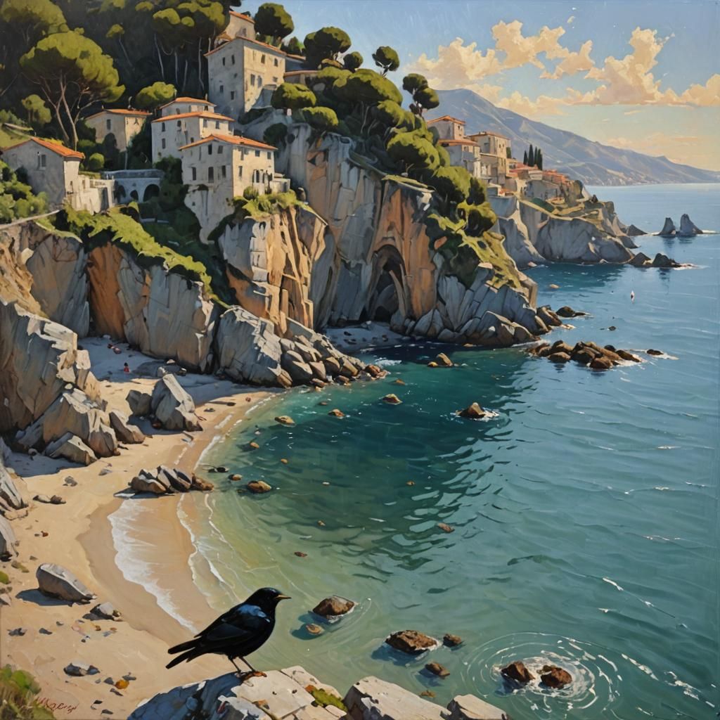 Black Bird on Italian Coast: Oil Painting