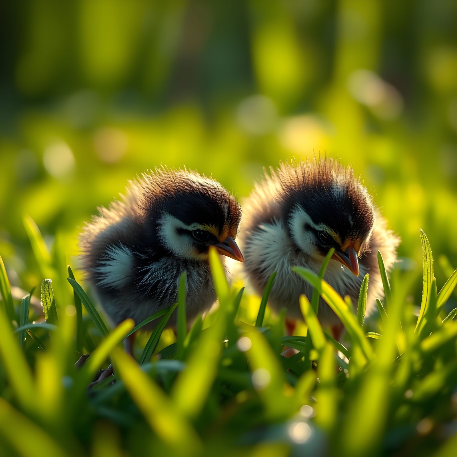 Close-Up Photo of Black and White Chicks in Grass