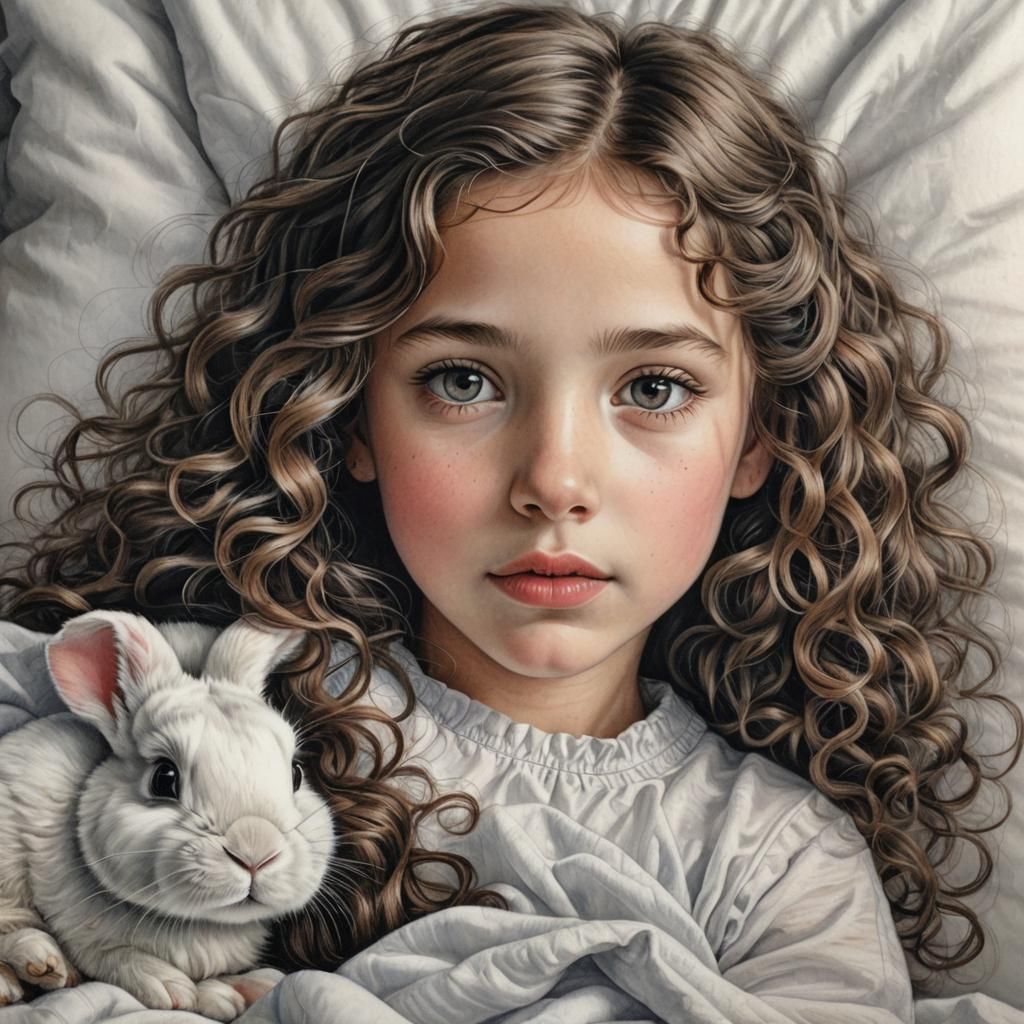 Serene Girl with Bunny: Realistic Color Pencil Drawing