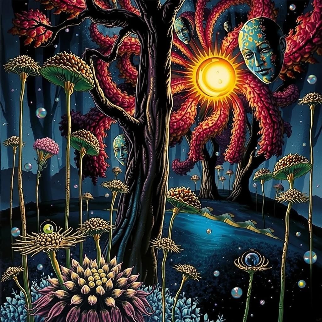 A vibrant psychedelic forest scene small hidden faces with a tree its branches reaching toward a celestial body hidden f...