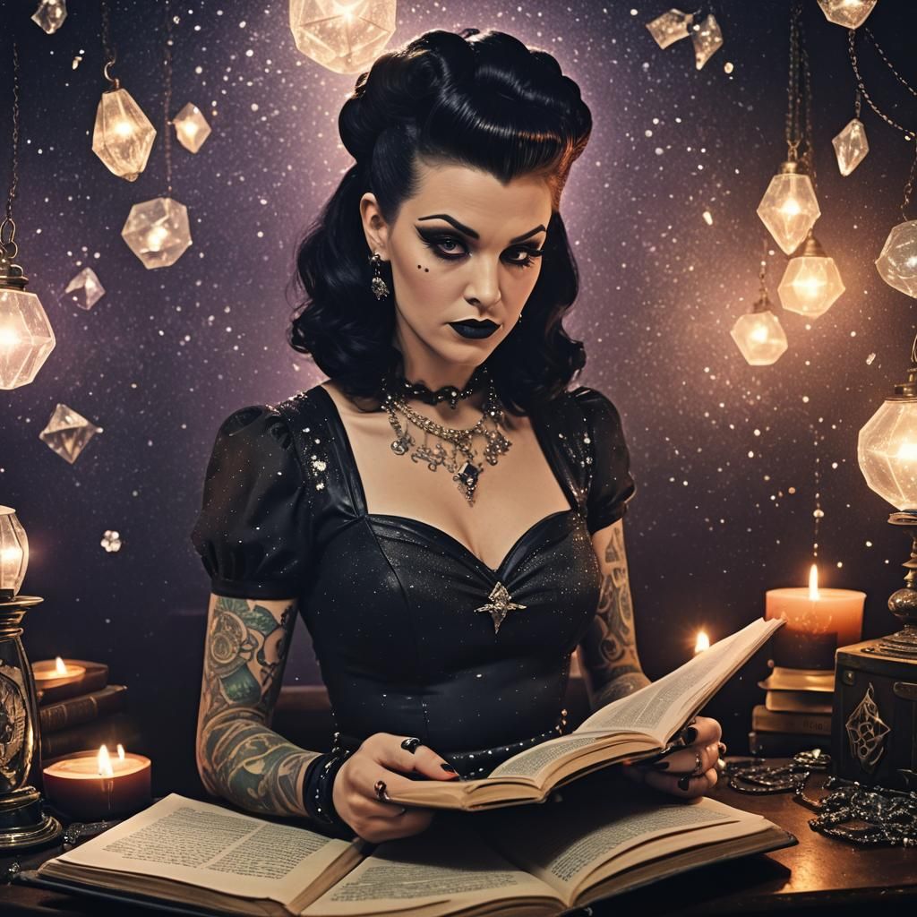 Gothic Pinup Witch Reading Book in 1960s Magazine Style