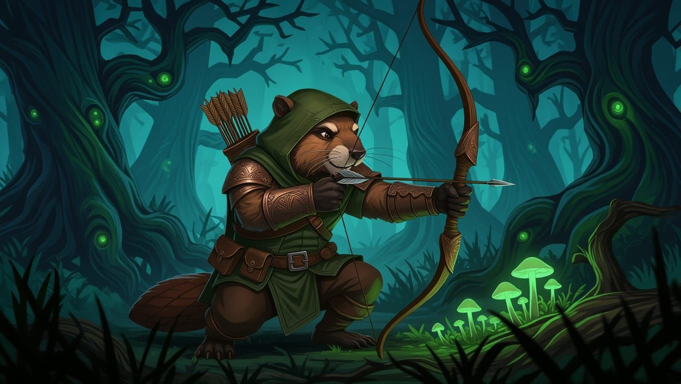 Battle-Hardened Beaver Ranger in Dark Fantasy Forest