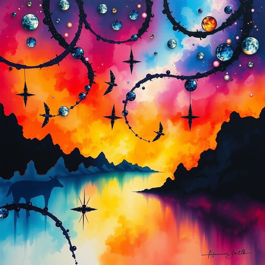 Vibrant Celestial Dreamscape in Alcohol Ink Style