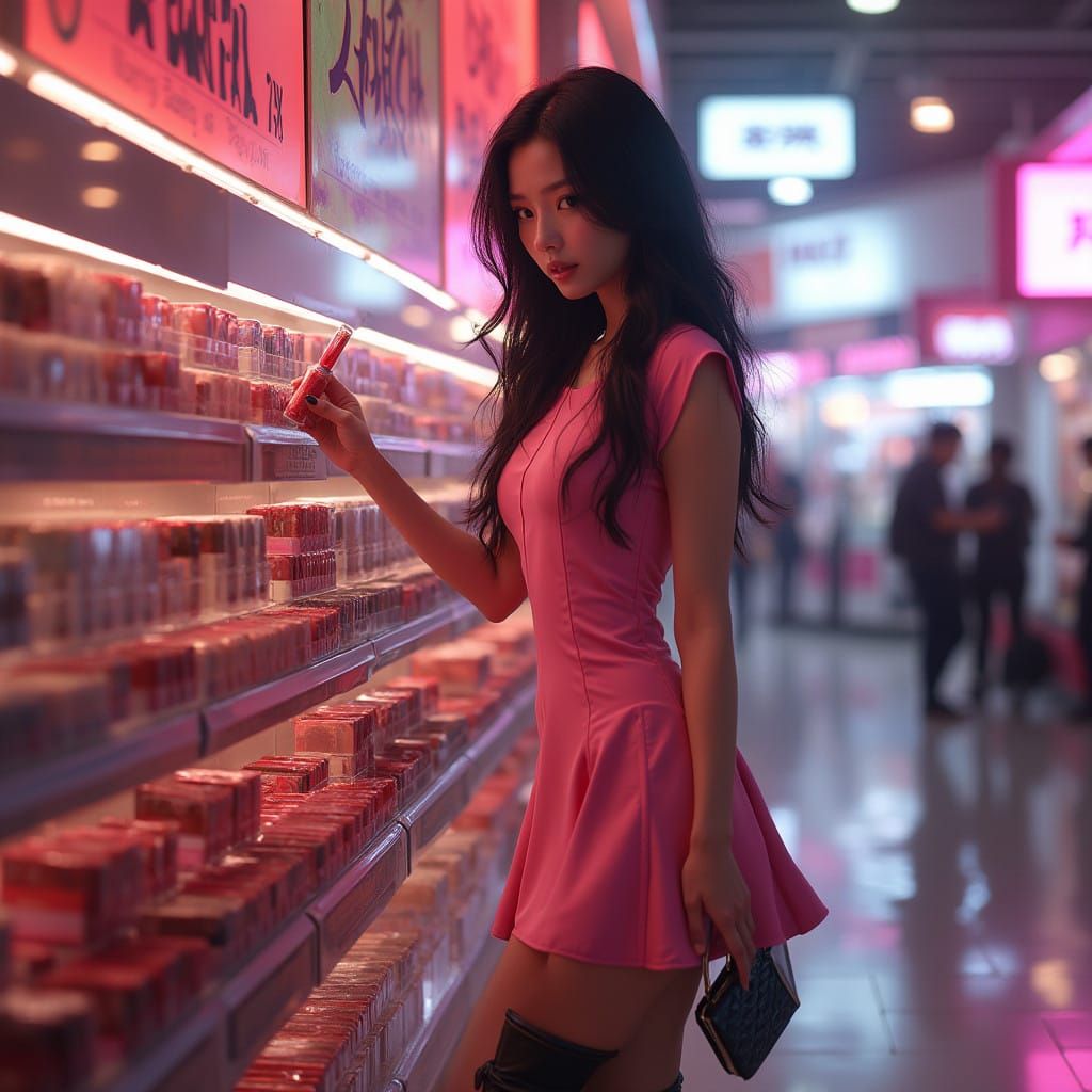 Lucy Liu in City Shopping Centre, Pink Dress, and Black Boot...