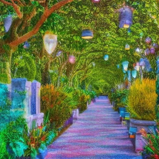 Mystical Garden Labyrinth with Colored Lamps, Oil Painting