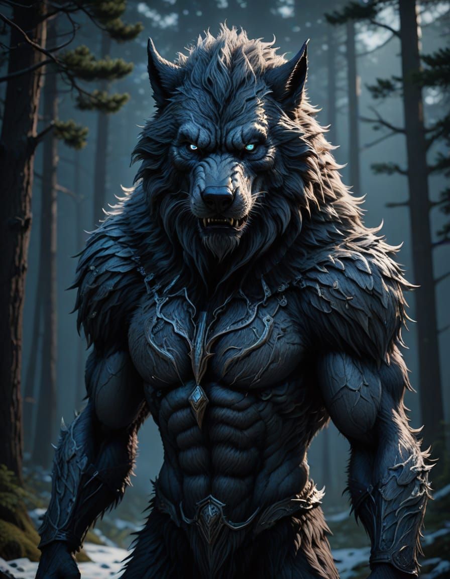 Majestic Werewolf Portrait in Grey-Silver Fur