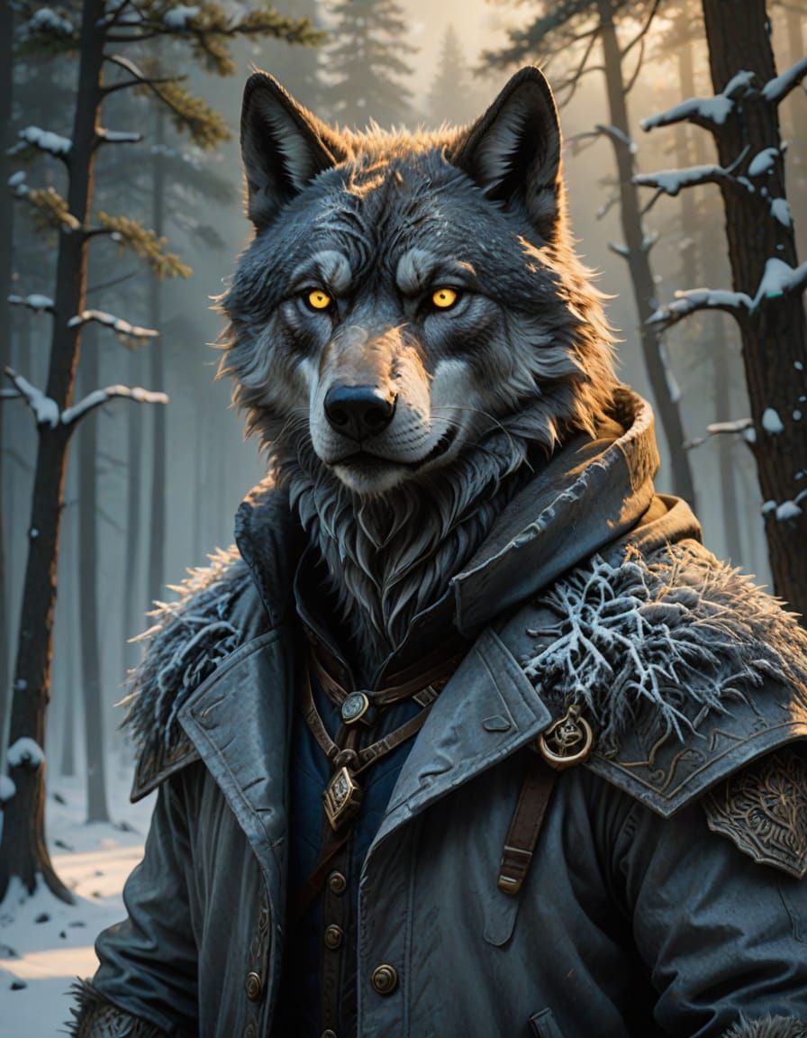Serenely Watchful Grey-Silver Werewolf in Snowy Pine Forest