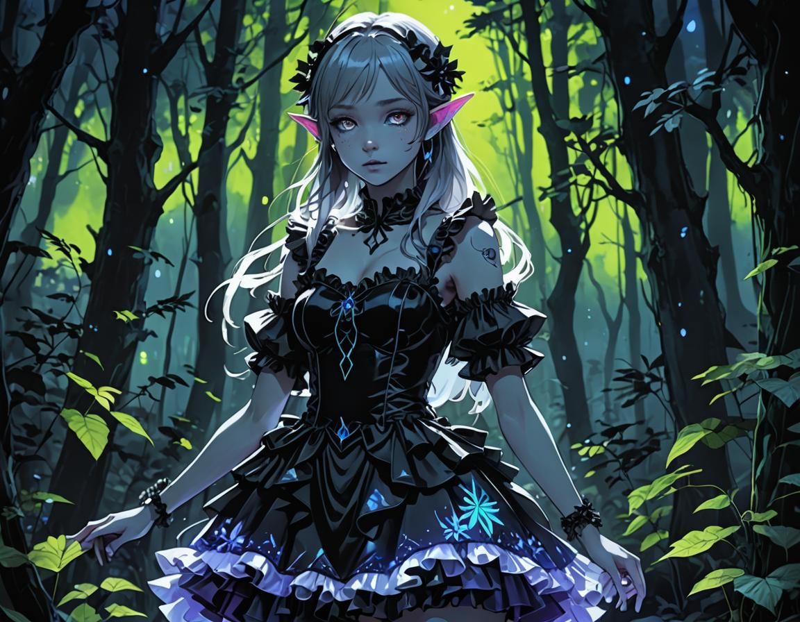 Holographic Elf in Black and White Forest, Watercolour Style